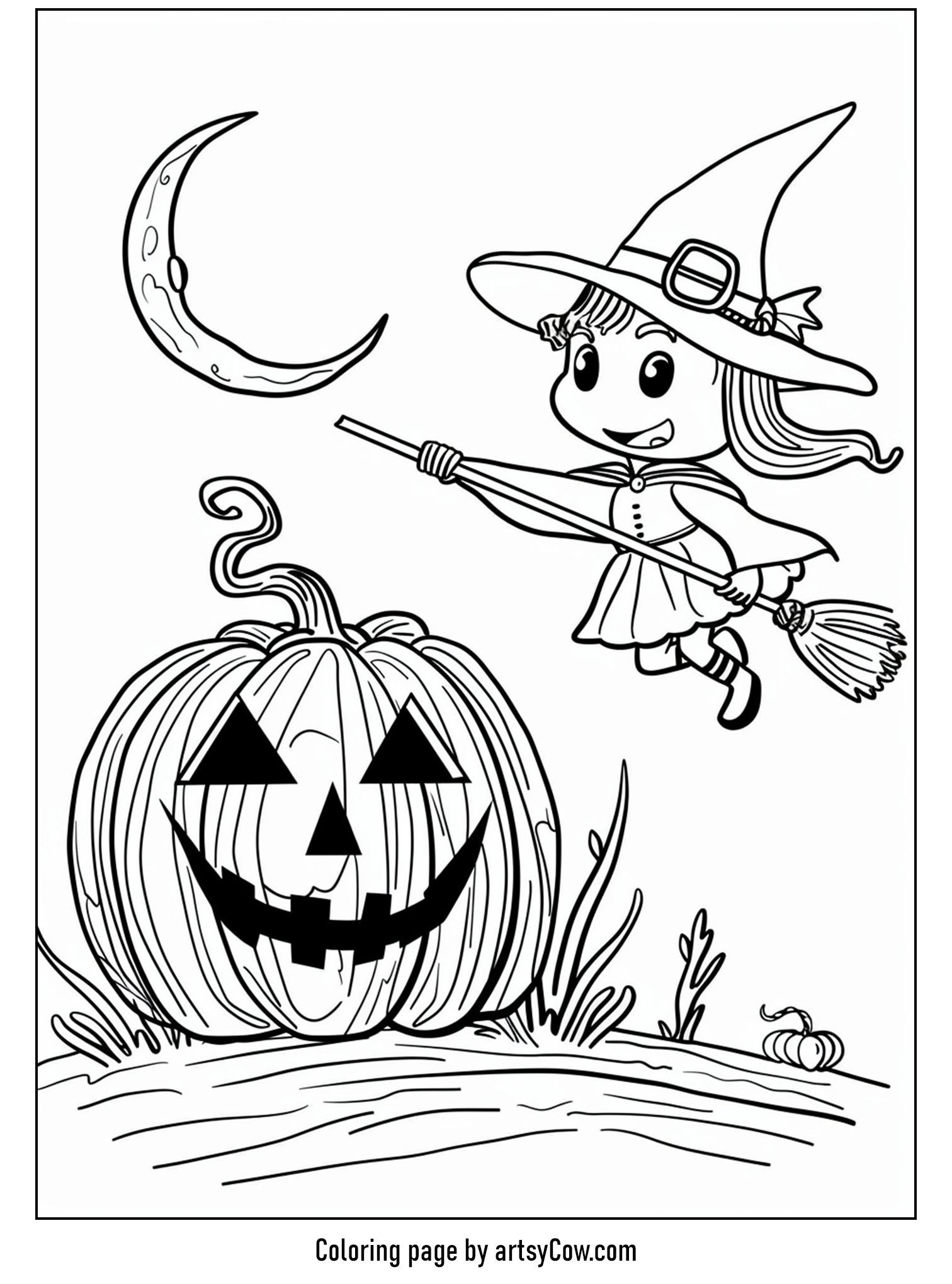 halloween pumpkin drawings for kids, Pumpkin and Witch Night Ride